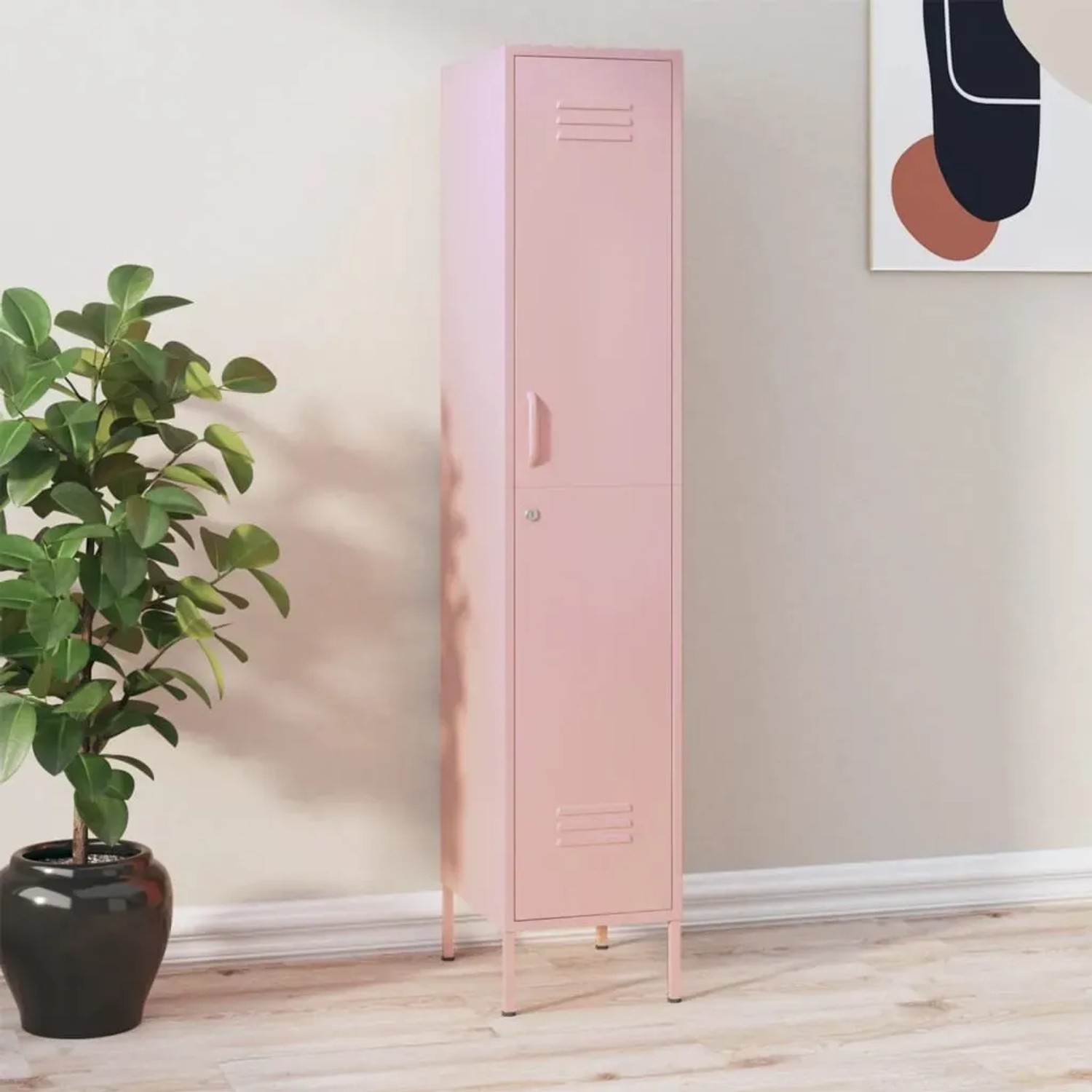 Rosa Schließfachschrank (35x46x180 cm) aus Stahl, ideal für Büro oder Zuhause.