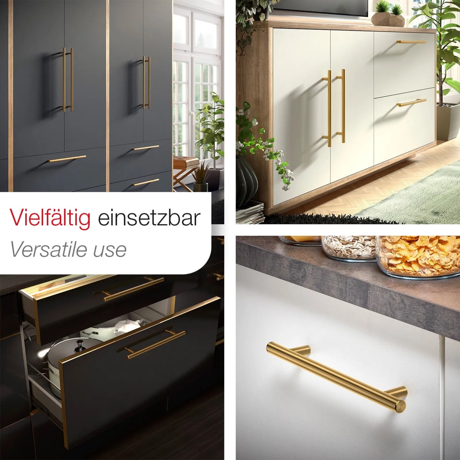 Goldfarbene SOTECH Stangengriffe G17 aus Edelstahl, BA 96 mm, an Schränken, Sideboard und Schubladen. Modernes Design.