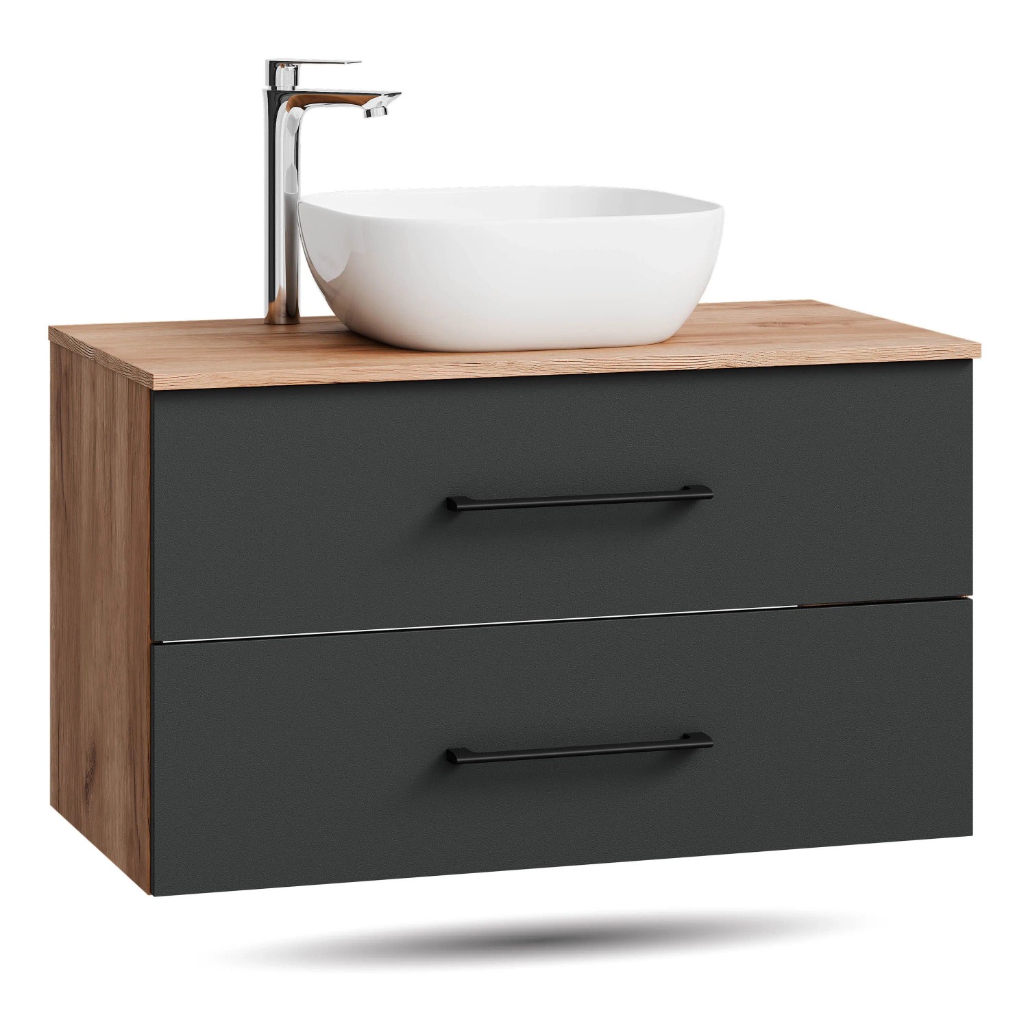 Planetmöbel LUX Waschtischunterschrank 90 cm mit Aufsatzwaschbecken 42,5 cm Weiß Soft Close