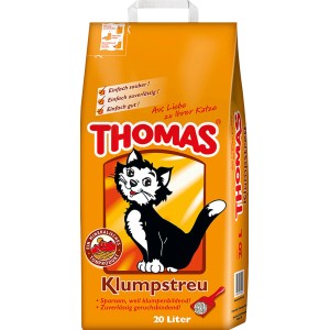 Thomas Klumpstreu im 20L Sack: Katzenstreu mit Cartoon-Katze auf orangefarbener Verpackung.