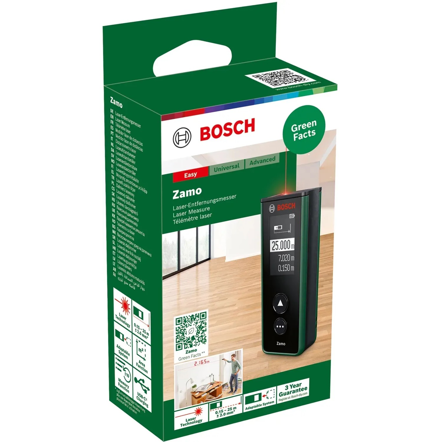 Bosch Zamo Laser-Entfernungsmesser in Verpackung. Messbereich bis 25 m, aufladbar über USB-C.