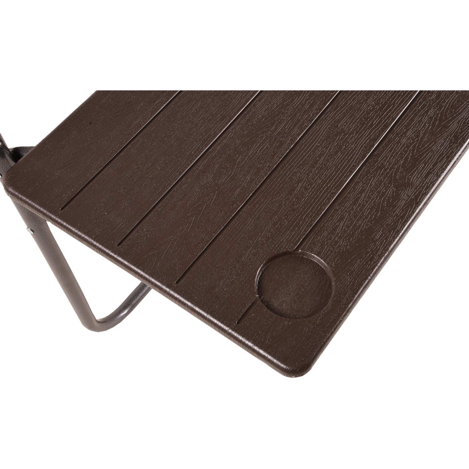 Detailansicht: Garden Pleasure Hängeklapptisch Tabora, braune Tischplatte mit Getränkehalter.