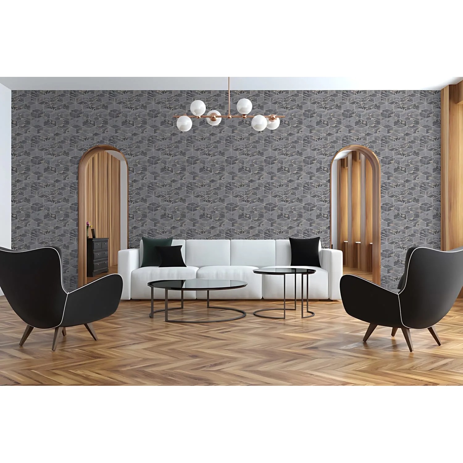 Wohnraum mit grauer PROFHOME Grafik Tapete (Geometrisch, Grau, Gold, Schwarz).
