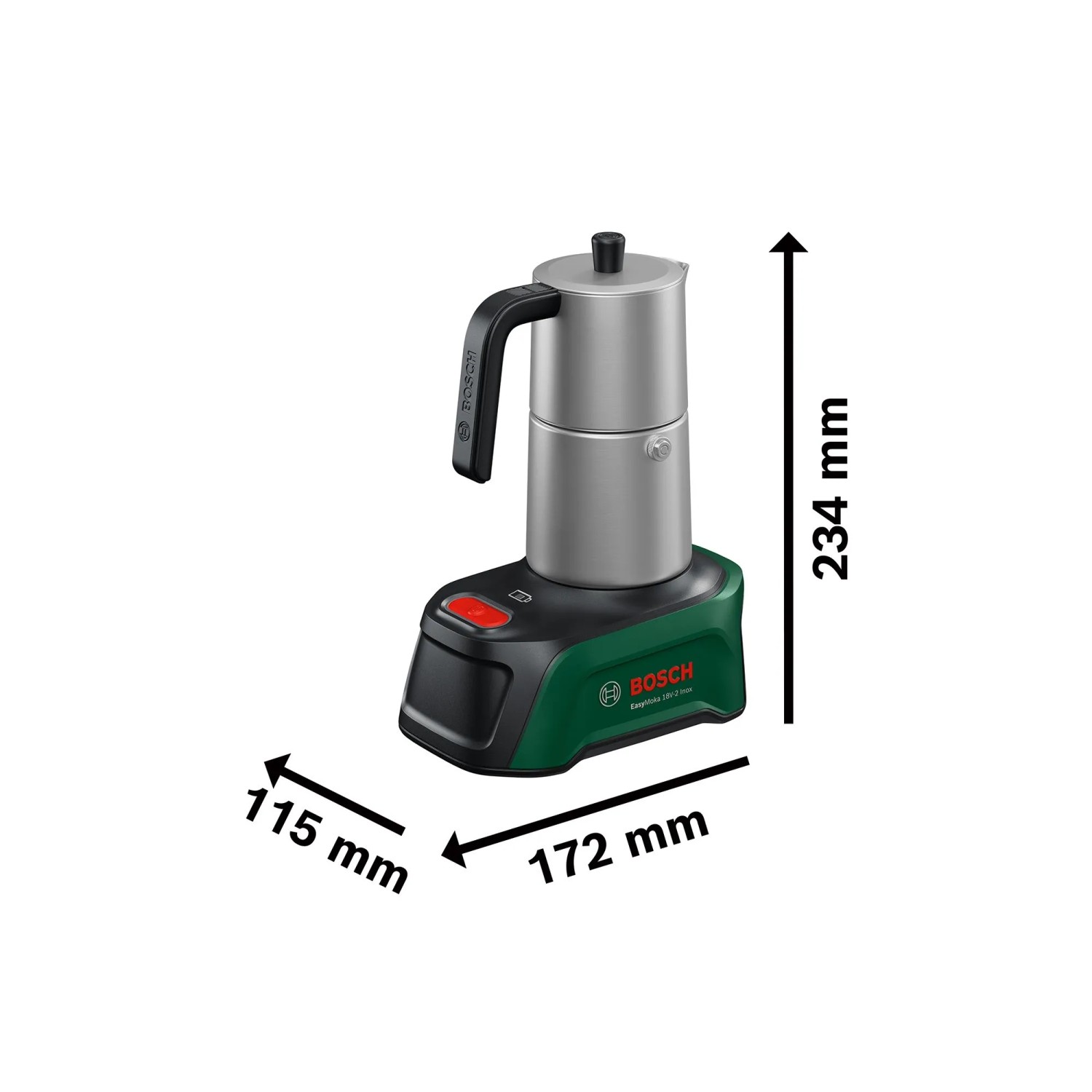 Bosch Akku-Espressokocher EasyMoka 18V-2 Inox aus Edelstahl, silber, mit grün-schwarzer Basis für Kaffee.