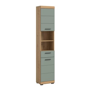 Hochschrank in Salbei und Eiche, 37x191x31 cm, für Bad und Hauswirtschaftsraum.