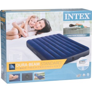 Verpackung eines blauen Intex Gästebetts, aufblasbar, 191x137x15 cm, ideal für Camping.