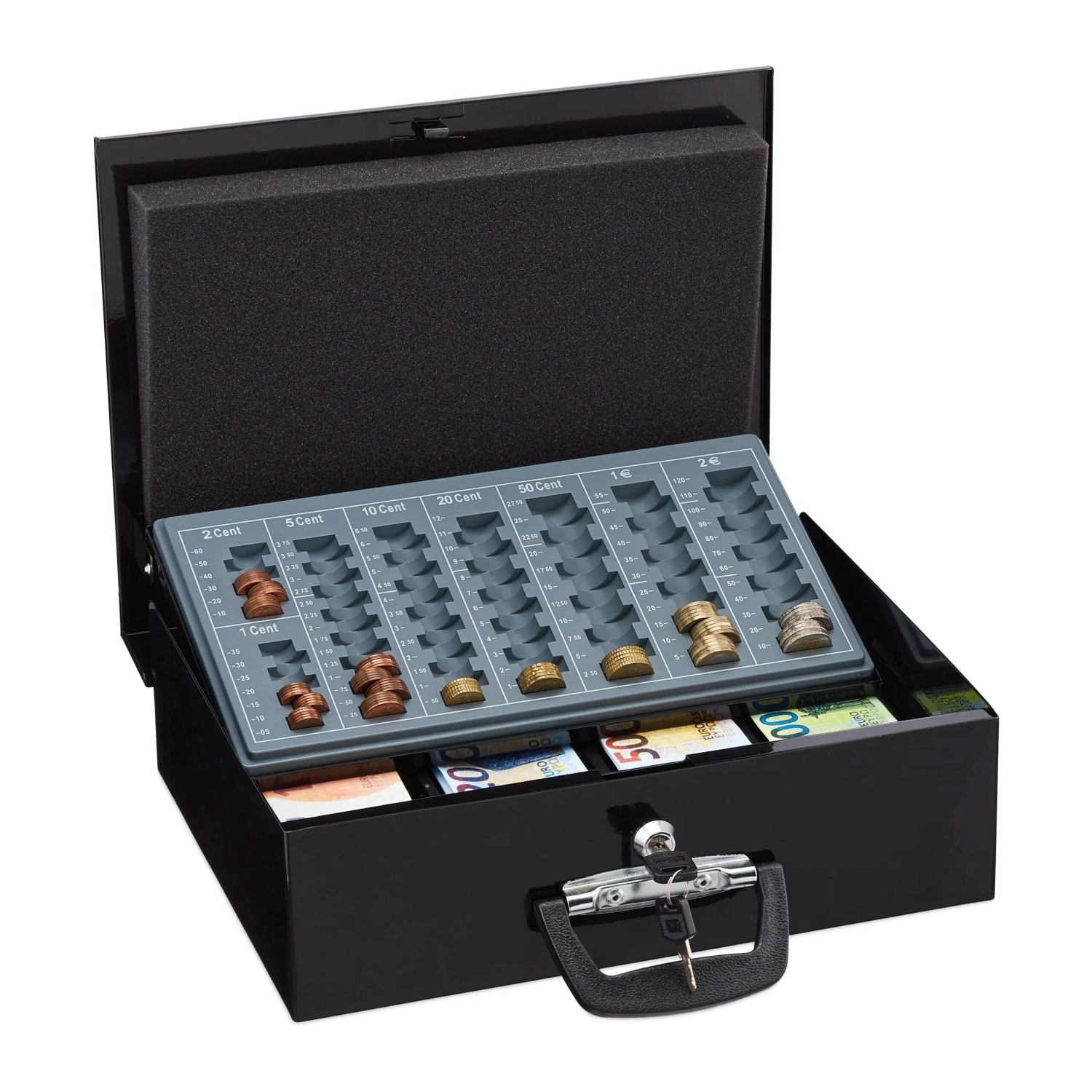 Relaxdays Geldkassette Eisen Schwarz Mit Euro-Münzzählbrett Abschließbar 11,5 cm x 36 cm x 28,5 cm 4 kg