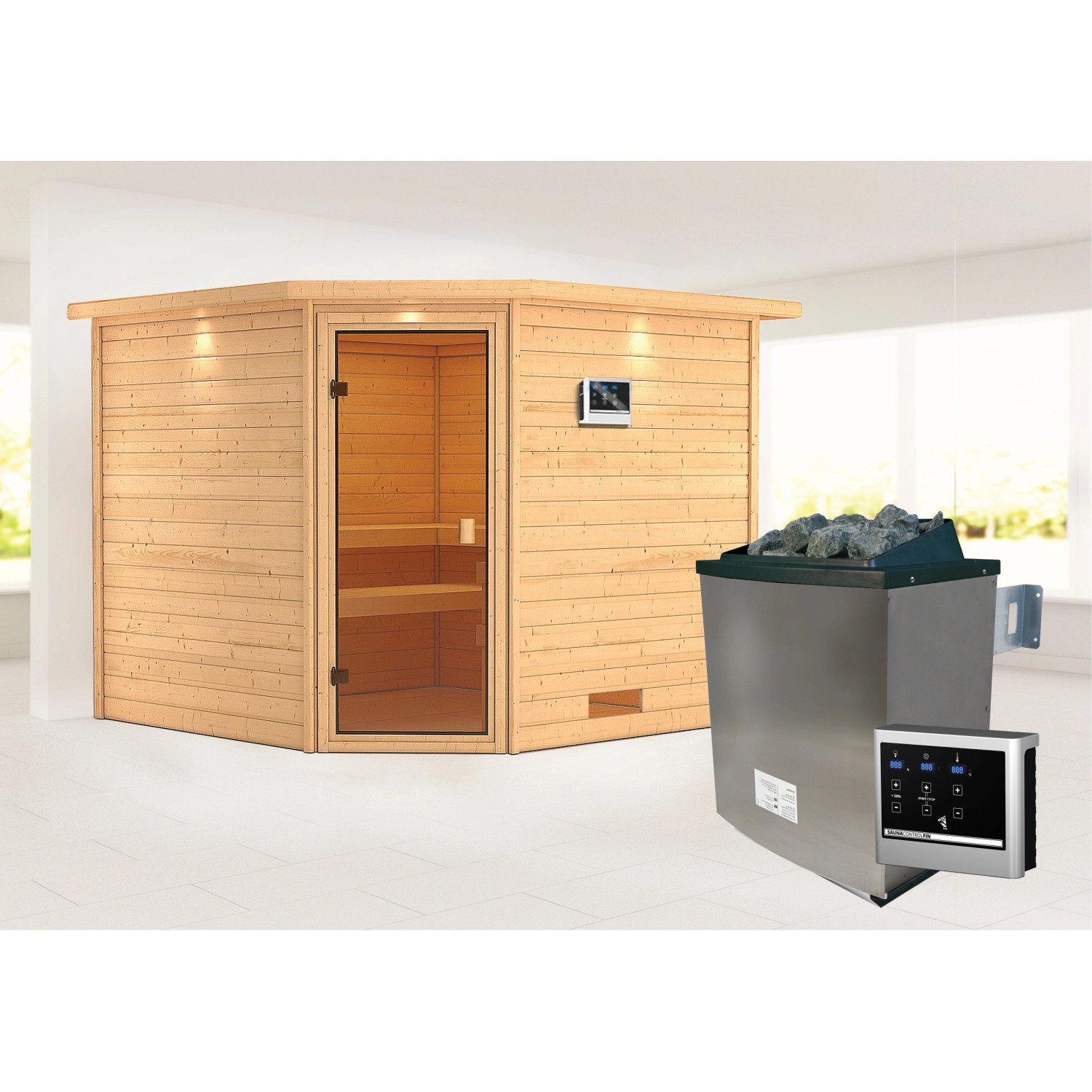 Karibu Sauna Leona und LED-Dachkranzer mit Ofen externe Stg.Easy Natur