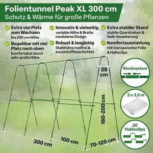 TTL GARDEN Folientunnel PEAK XL 300x120x180 cm. Grünes Gewächshaus mit PE Folie für Pflanzenanzucht und Schutz.