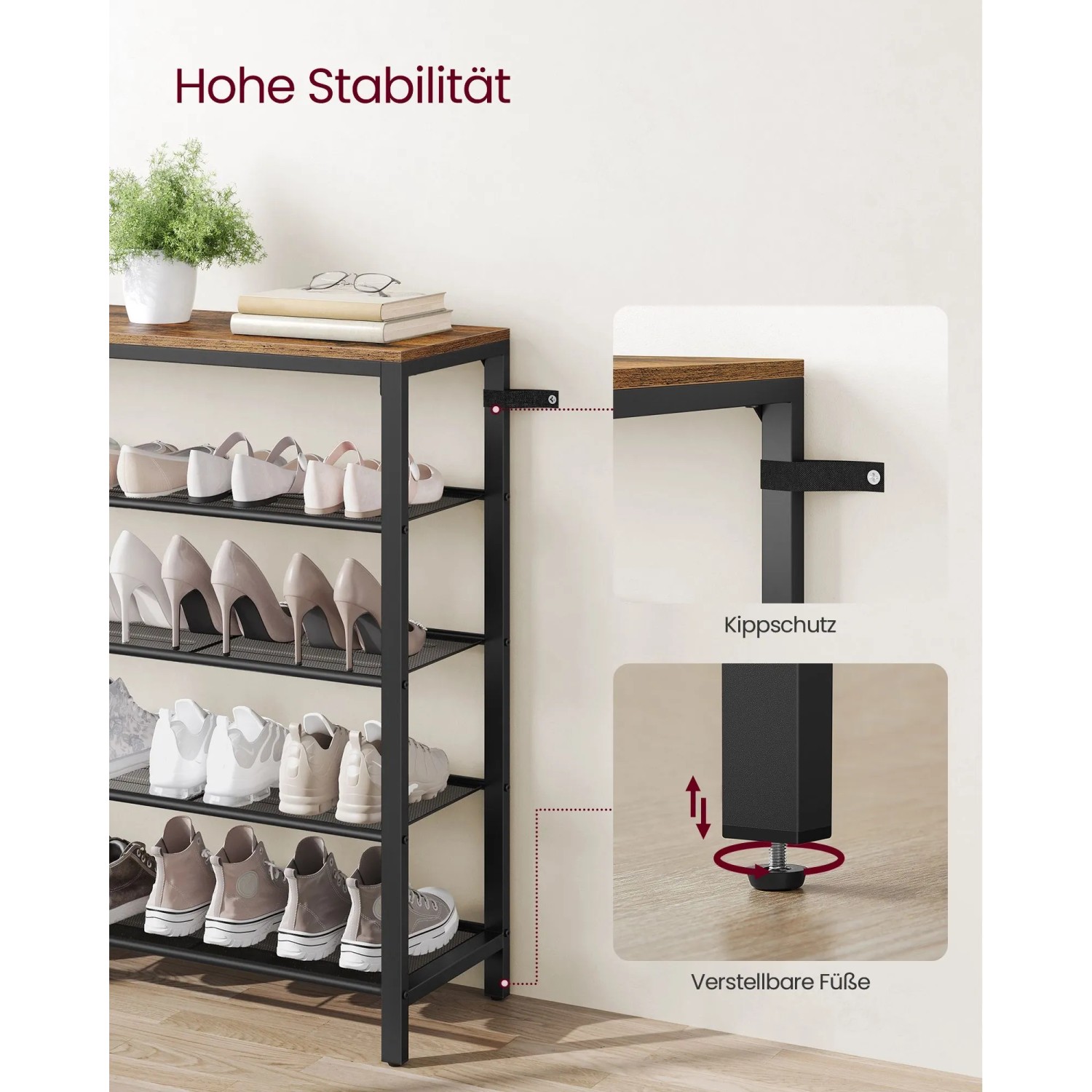Vasagle Schuhablage mit 4 Gitterebenen in Braun-Schwarz, mit verstellbaren Füßen und Kippschutz.