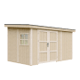 Timbela Premium Gartenschuppen M939B, beige-braun, 8,68 m², mit Fenster und Doppeltür.
