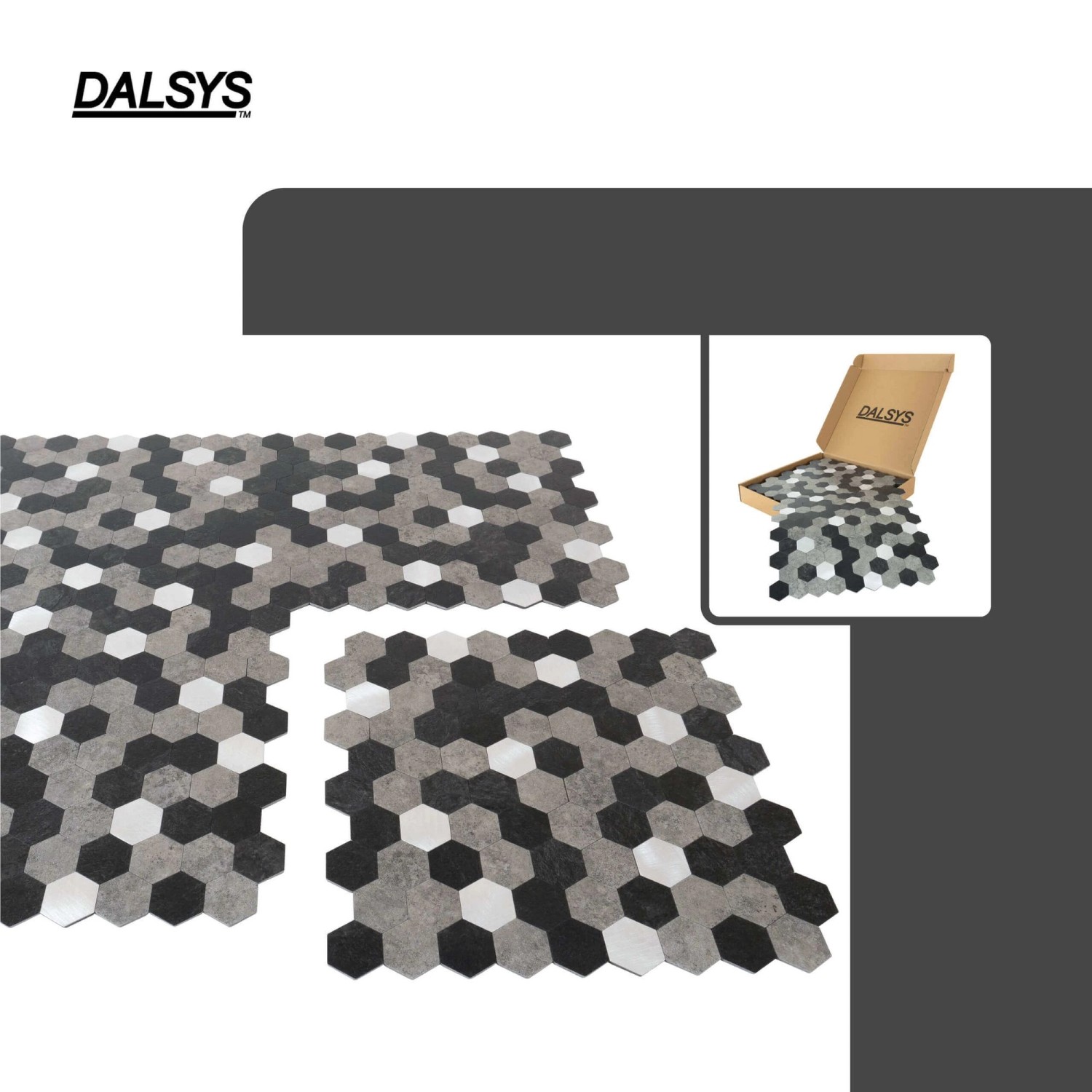 Dalsys Selbstklebende Fliesen 0,88m² 11 Stück Hexagon Schwarz Grau Silber_3