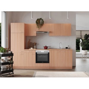 Respekta Küchenzeile KB270BBEC, 270 cm breit, Buche Nachbildung, mit E-Geräten und Spüle.