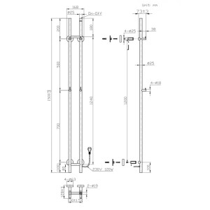 Technische Zeichnung: Belvit Elektrischer Handtuchtrockner Doppelrohr, 1500x168 mm, Gold gebürstet.