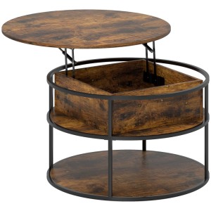 Runder brauner Couchtisch mit hebbarer Tischplatte, die versteckten Stauraum und eine offene Ablage zeigt. Moderner Wohnzimmertisch.