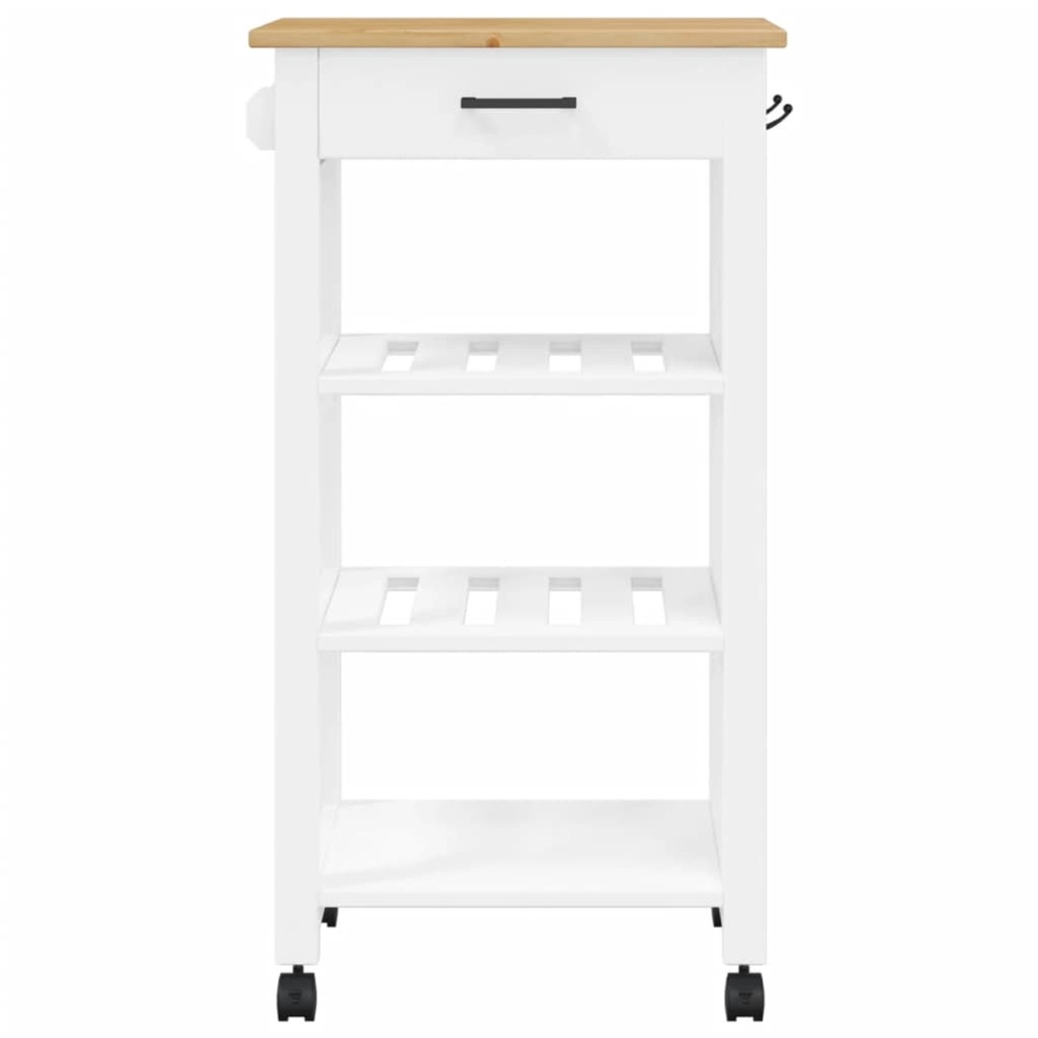 Küchenwagen MONZA aus Kiefernholz, weiß mit Holzplatte, mit Schublade und 3 Ablagen.