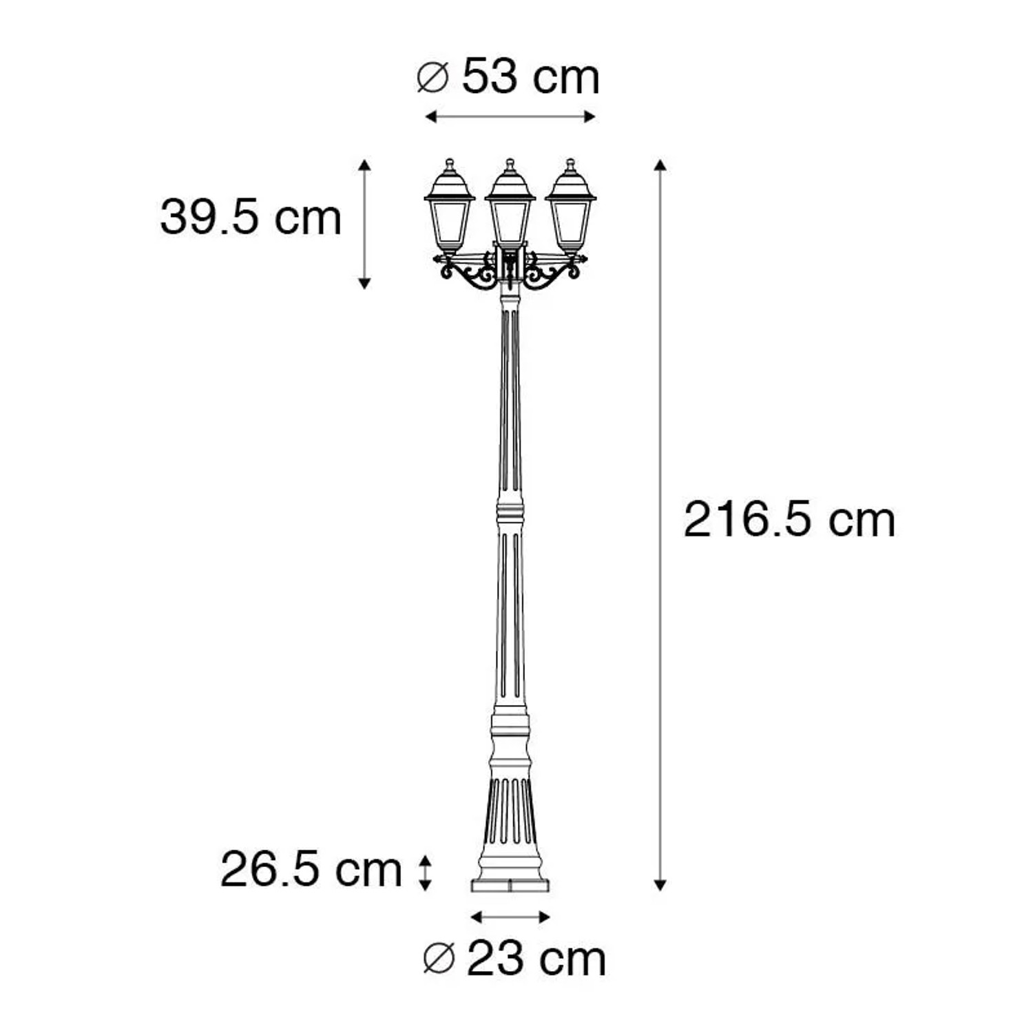 Skizze der schwarzen QAZQA Außenlaterne New Haven mit 3 Lampen und Maßangaben.