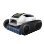 Weißer Mammotion Spino E1 Akku-Poolreinigungsroboter mit schwarzen Raupen und blauen Bürsten.