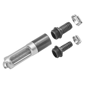 Gardena Saugfilter-Set mit Rückflussverhinderer, bestehend aus Filter, Schlauchanschlüssen und Klemmen.