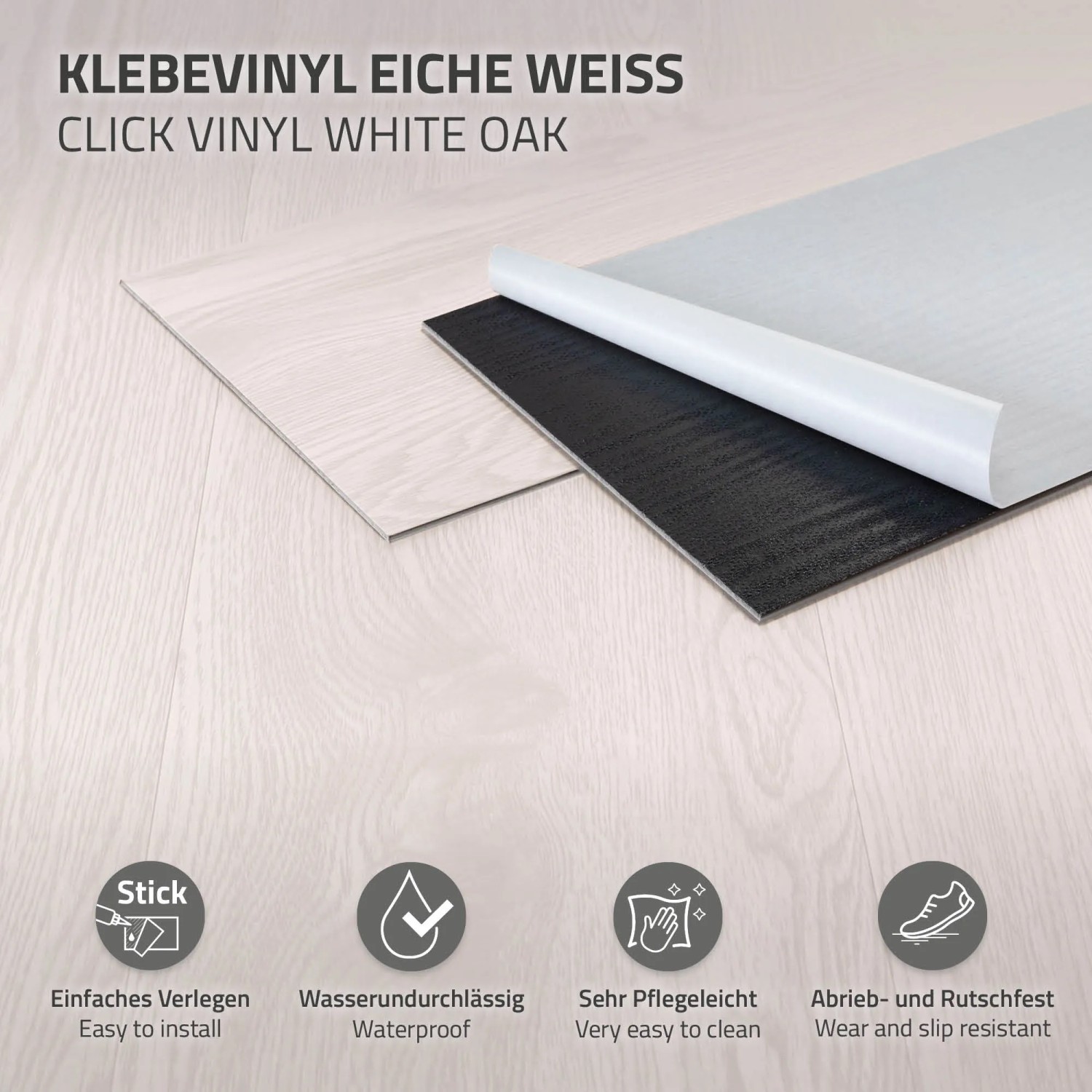 Selbstklebender Vinylboden in Weiß Eiche Optik, ideal für einfache und schnelle Verlegung.