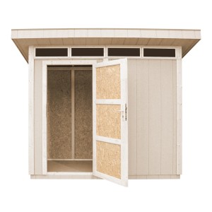 Grundiertes Holz-Gartenhaus Timbela M901 mit Flachdach und geöffneter Tür.