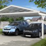 Weißer Skan Holz Doppelcarport Westerwald mit zwei geparkten Autos.