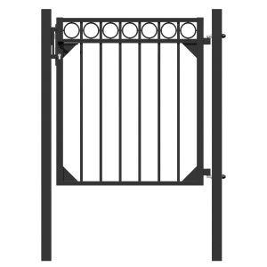 Schwarzes Metallzaun Einzeltor-Set Circle zum Einbetonieren, 100x96 cm, mit Kreisornamenten.