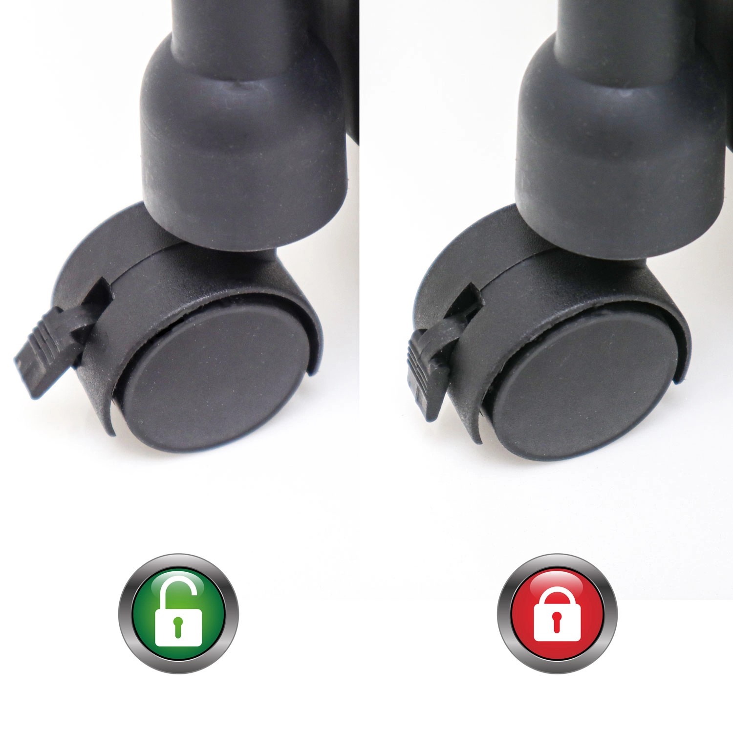 Detailaufnahme der Rollen des schwarzen MAKLIK Küchenrollwagens, mit Feststellfunktion (offen/geschlossen).