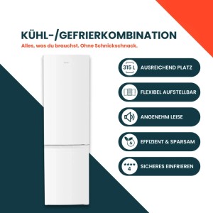 Weisse homeX Kühl-Gefrierkombination mit 315 Litern und Super-Frost-Funktion, freistehend.