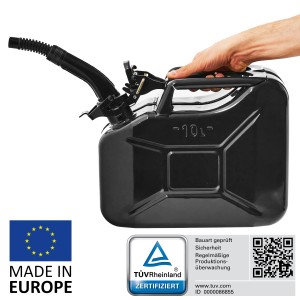 Schwarzer 10L Metall Kraftstoffkanister mit Ausgießer, TÜV-geprüft, für Benzin, Diesel & E10.
