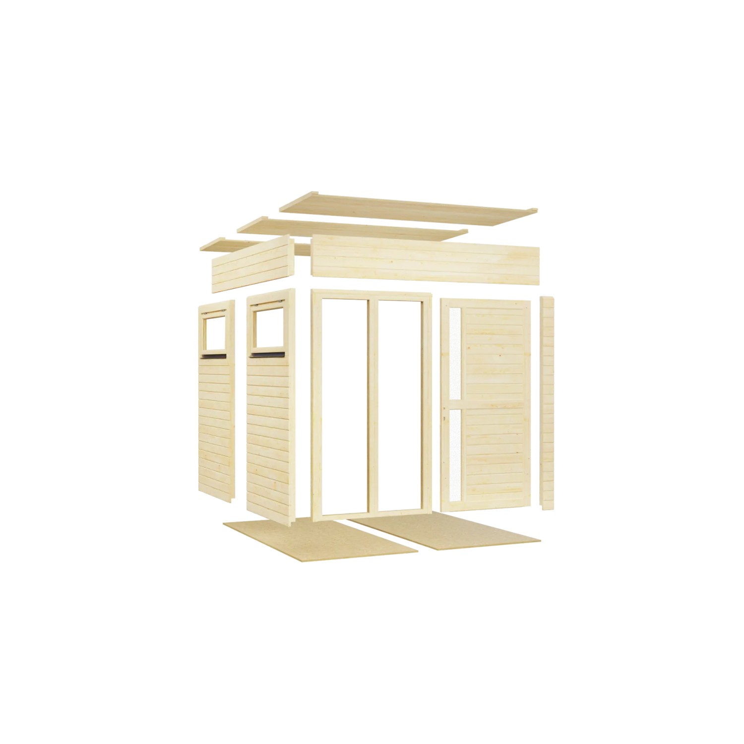 Elementgartenhaus Cubus 2 Office Lounge aus Holz, bestehend aus Wand-, Fenster-, Türelementen und Dachelementen.