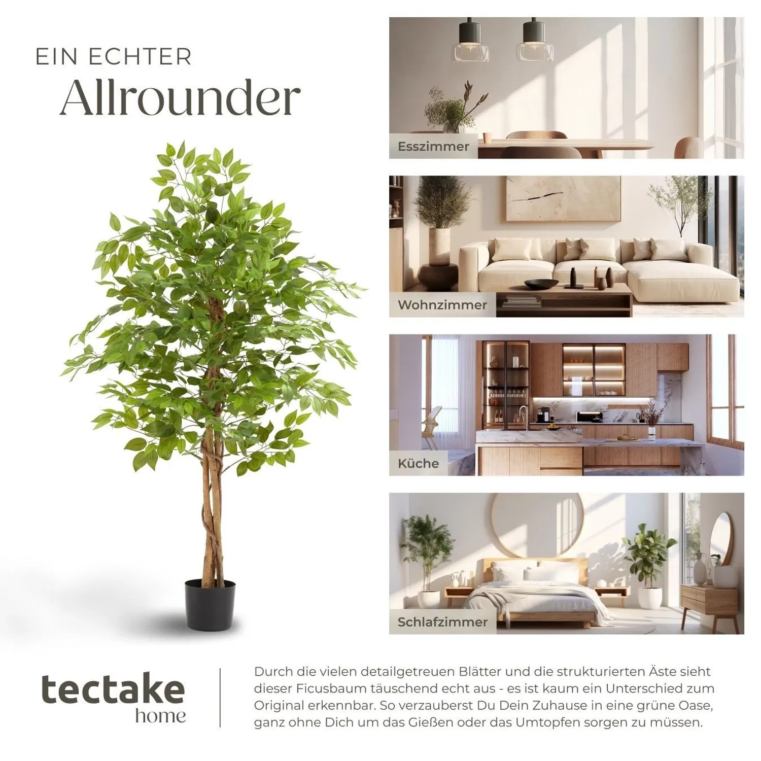 Künstlicher Ficusbaum Fida von Tectake, 160 cm hoch, im Topf. Dekorative Kunstpflanze für Wohnräume.