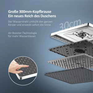 Emke Duschsystem mit Thermostat, Handbrause und Wasserfall-Auslauf in Chrom, Detailansicht der Brausekopf-Technologie.