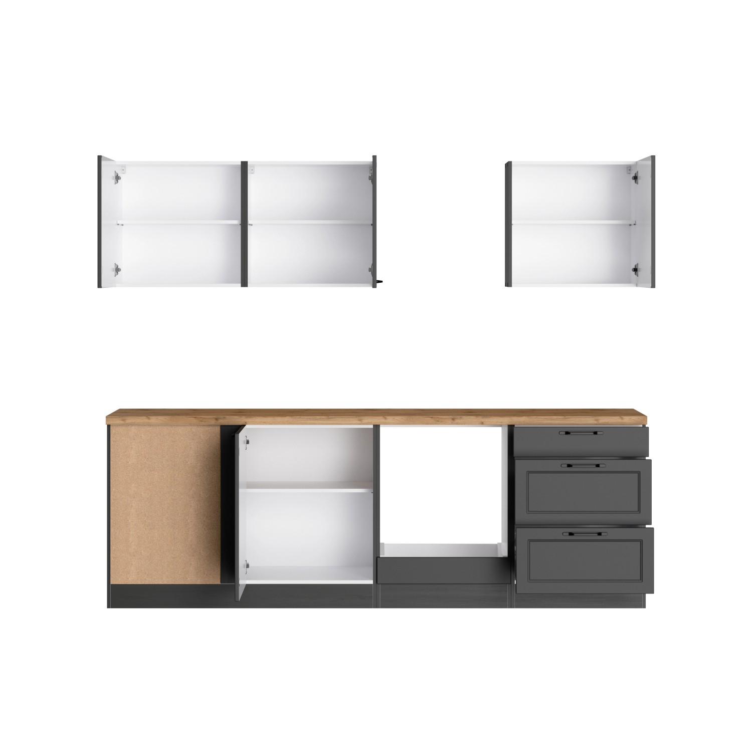 Held Winkelküche Kempten, 240 cm, Graphit/Grau, ohne E-Geräte. Küchenzeile mit Hänge- und Unterschränken.