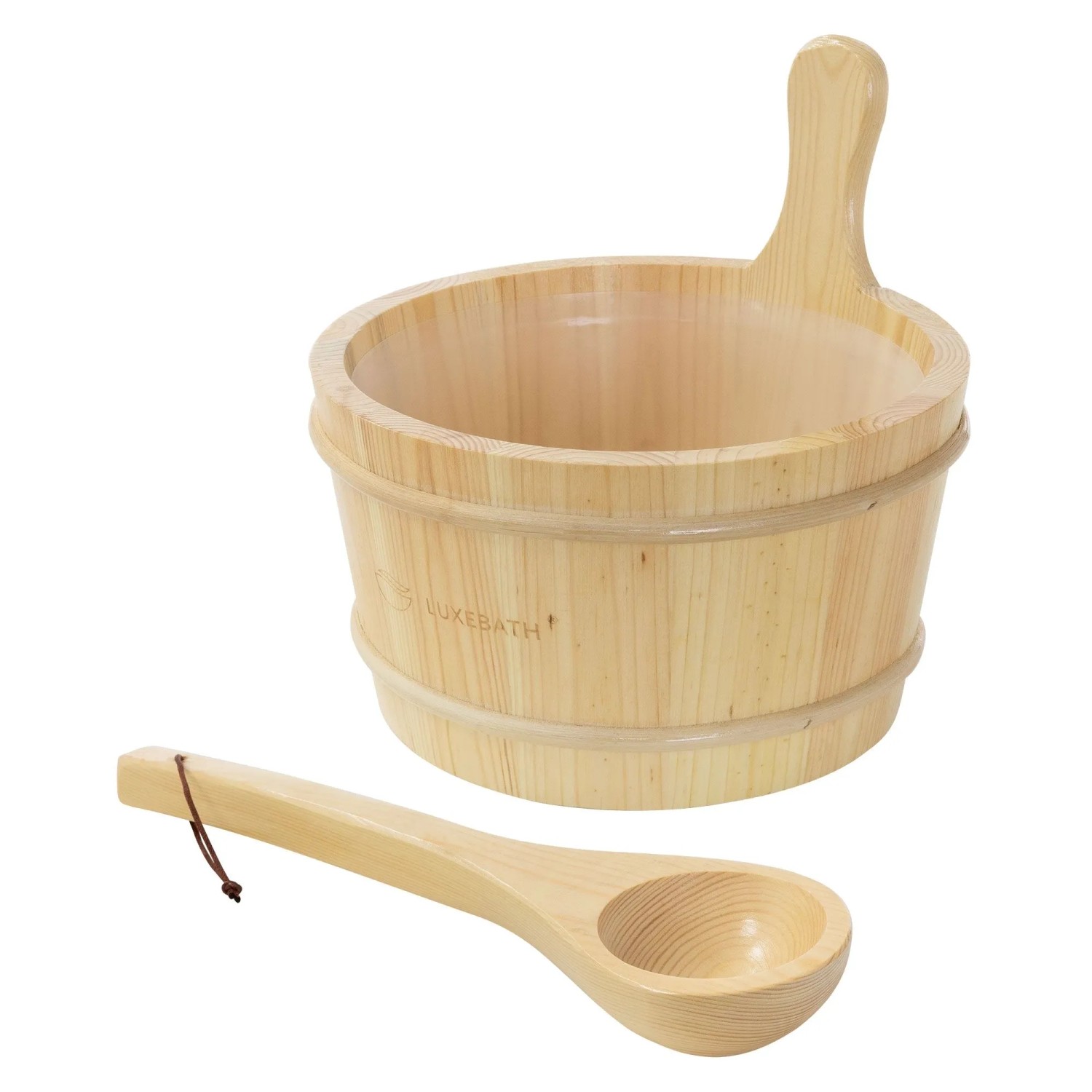 LuxeBath Saunazubehör Set 2 Teilig aus Massivem Kiefernholz Aufgusskübel und Schöpfkelle