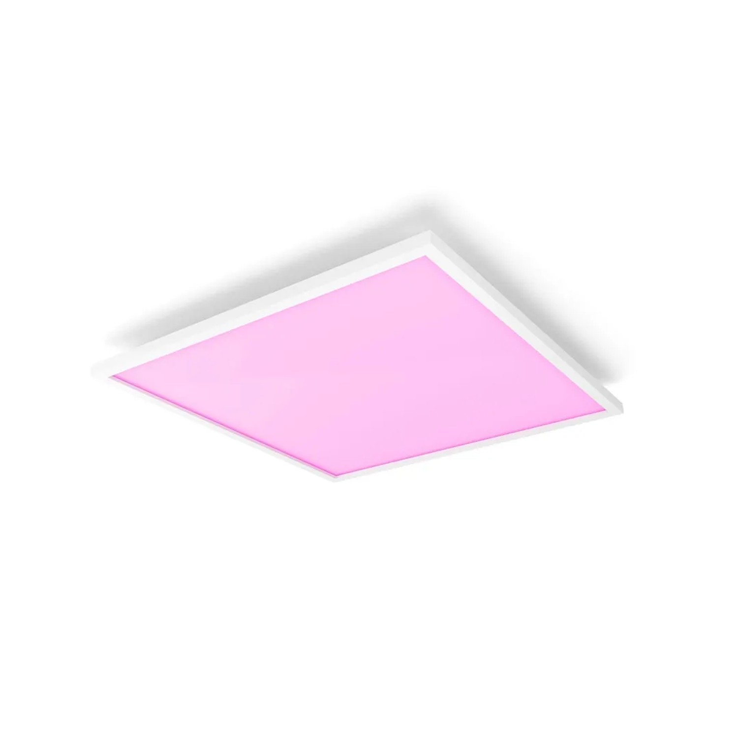 Quadratisches Philips Hue Surimu LED Panel in Weiß mit pinkfarbenem Licht, 60x60 cm.