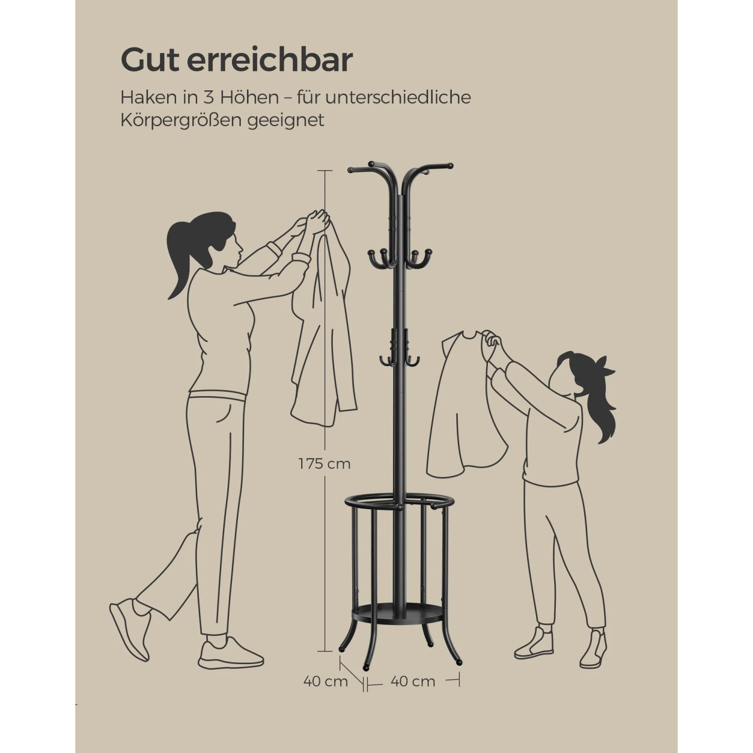 Schwarzer Songmics Kleiderständer (175cm) mit Schirmständer, geeignet für unterschiedliche Körpergrößen.