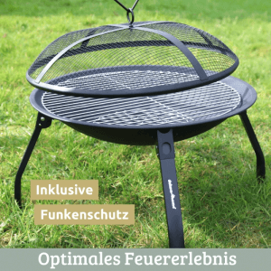DELUKE Feuerschale mit Funkenschutz KHELO Mit Grillrost Feuerstelle für Garten Lagerfeuer Terrasse 55cm mit Deckel Schwarz
