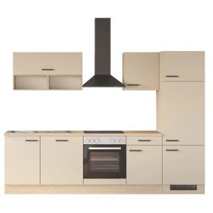 Moderne Flex-Well Küchenzeile Creso in Cashmere matt und Provence Oak. Inkl. Herd, Kochfeld, Dunstabzugshaube, Kühlgerät.