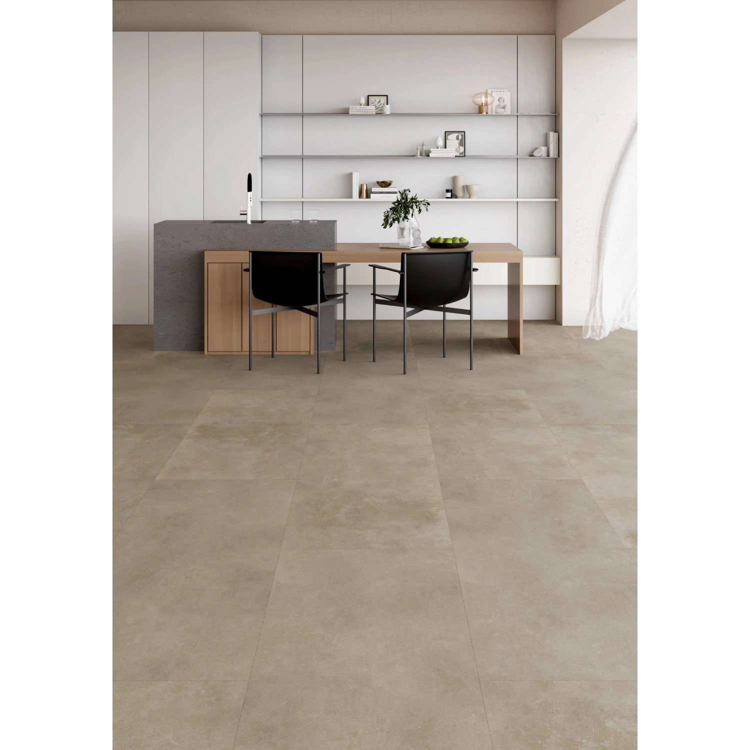 Decoflooring Vinylboden XXL-Fliese Udine Beton Beige Matt verlegt im Raum.