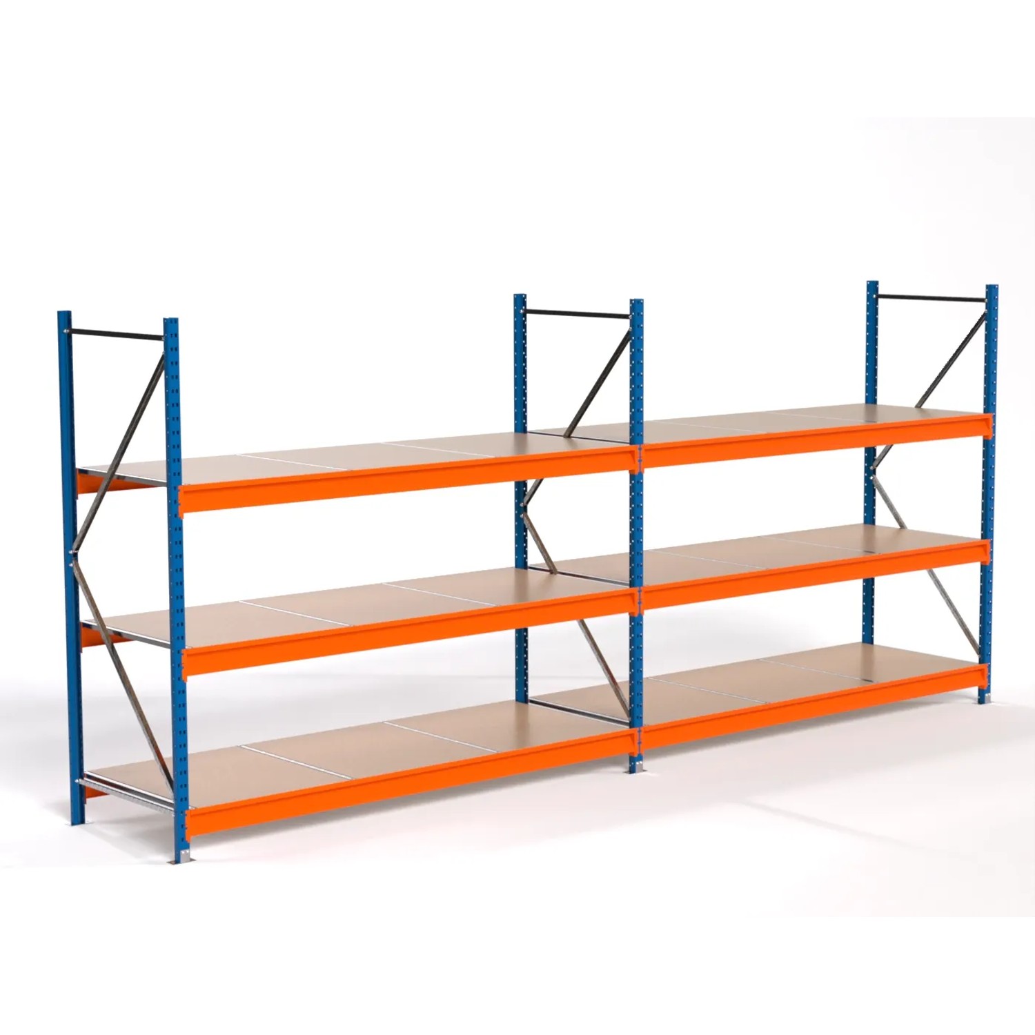 PROREGAL Industrie Weitspannregal Lagerregal MAXIMUS PRO Komplettregal 2 Felder HxBxT 200x450x80cm 3 Spanplatten-Fachboden Fachlast 610kg Blau/Orange