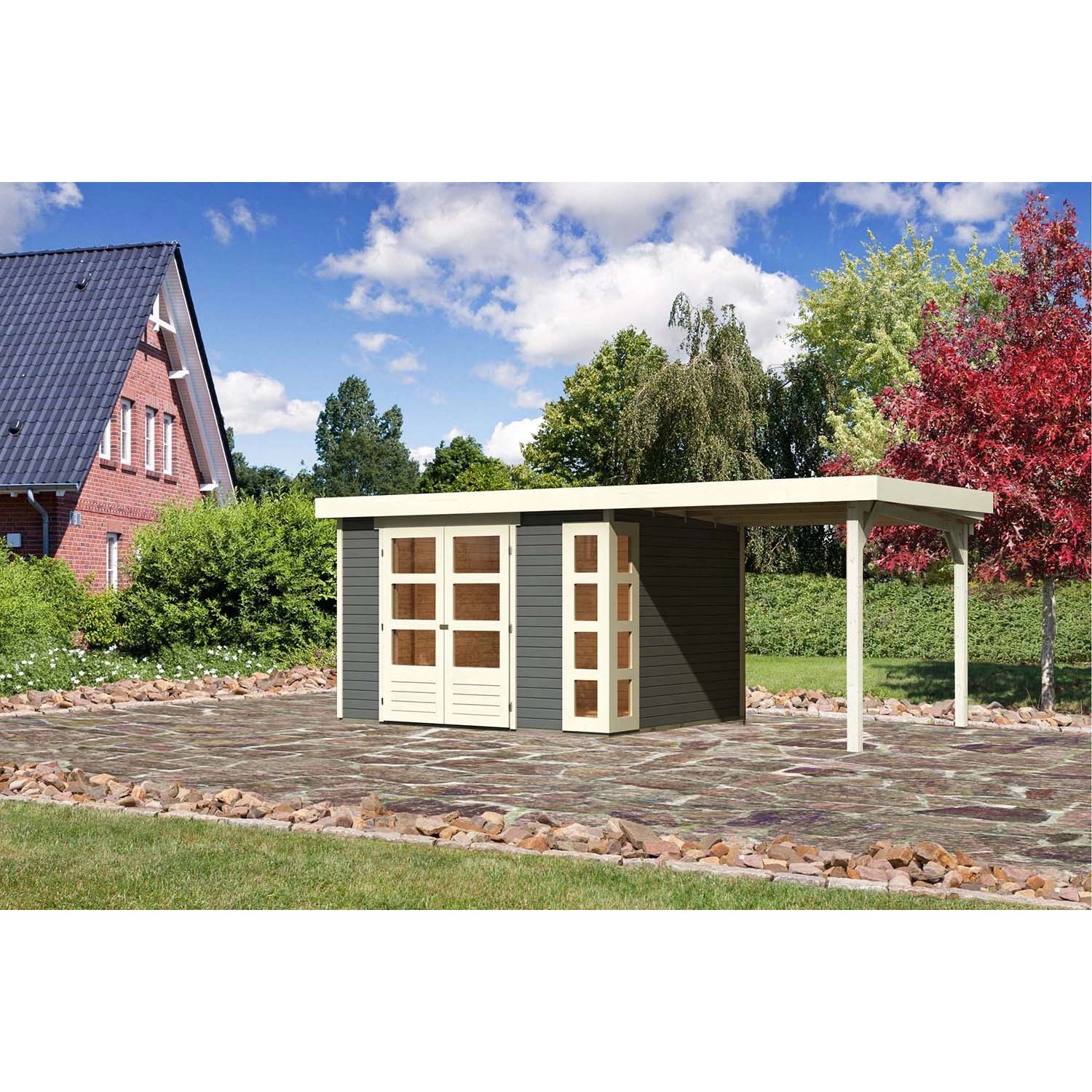 Karibu Holz-Gartenhaus Sölve Terragrau Flachdach Lackiert 298 cm x 242 cm günstig online kaufen