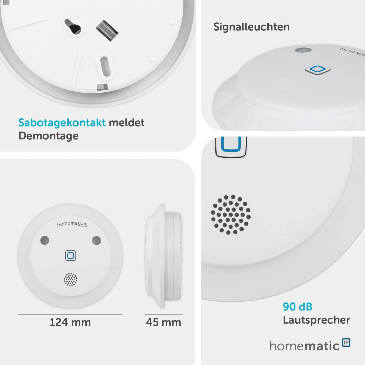 Homematic IP Alarmsirene für Innenräume, weiße Sirene mit LED-Signalleuchten und Lautsprecher.