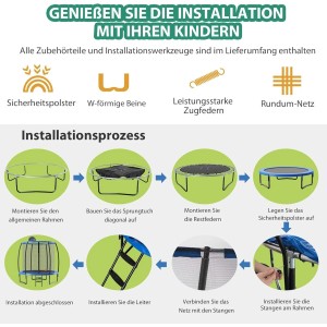 Anleitung zum Aufbau des Costway Outdoor Trampolins: Schritte für Rahmen, Sprungtuch, Federn, Sicherheitspolster, Netz und Leiter.