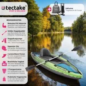 Tectake Einerkajak Liberty Aufblasbar Robust und Leicht Mit Abnehmbarem Sitz Doppelpaddel und Doppelhubpumpe 280 x 83 x 47 cm Grün