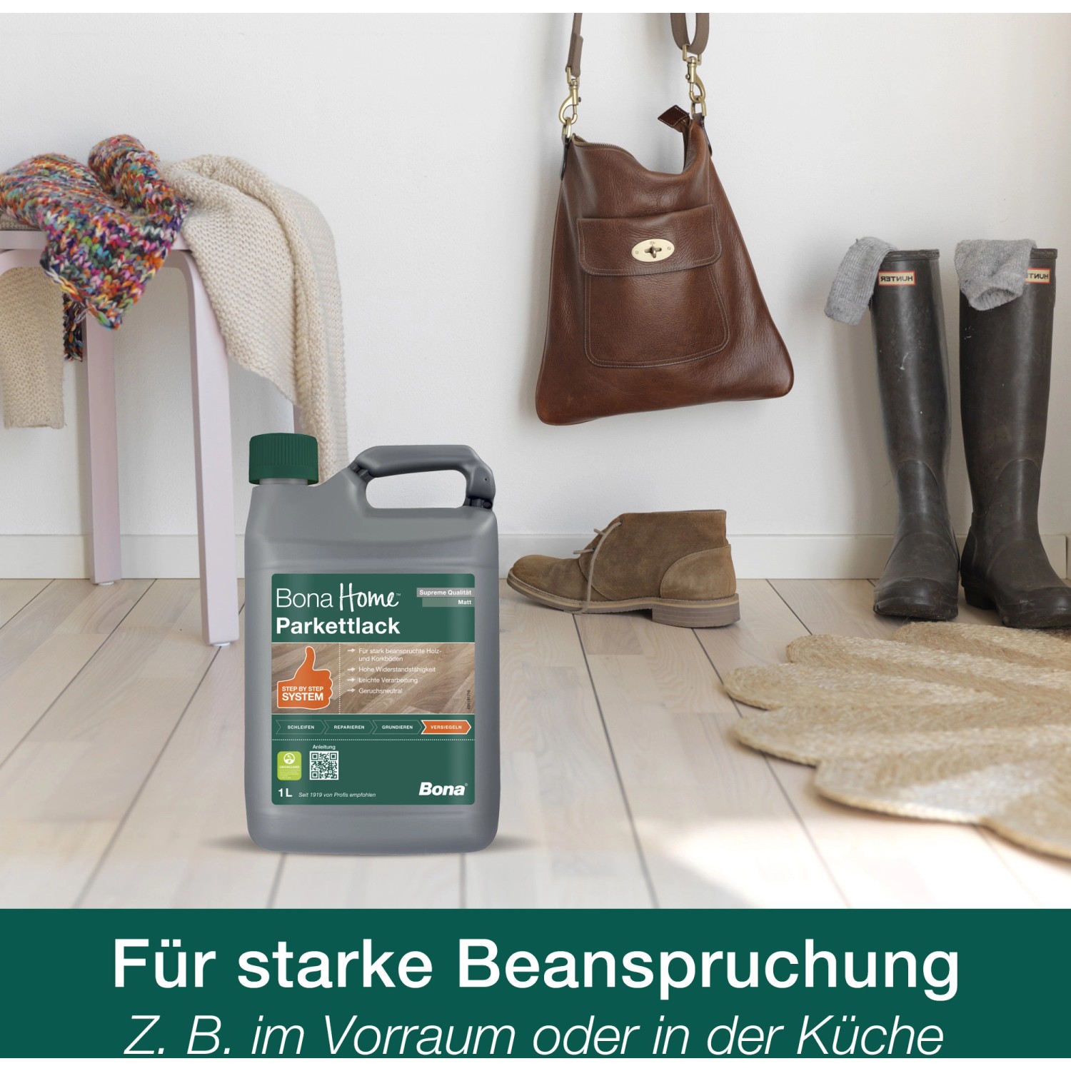 Bona Home Parkettlack Supreme matt, 1 l Gebinde. Ideal für stark beanspruchte Holz- und Korkböden.