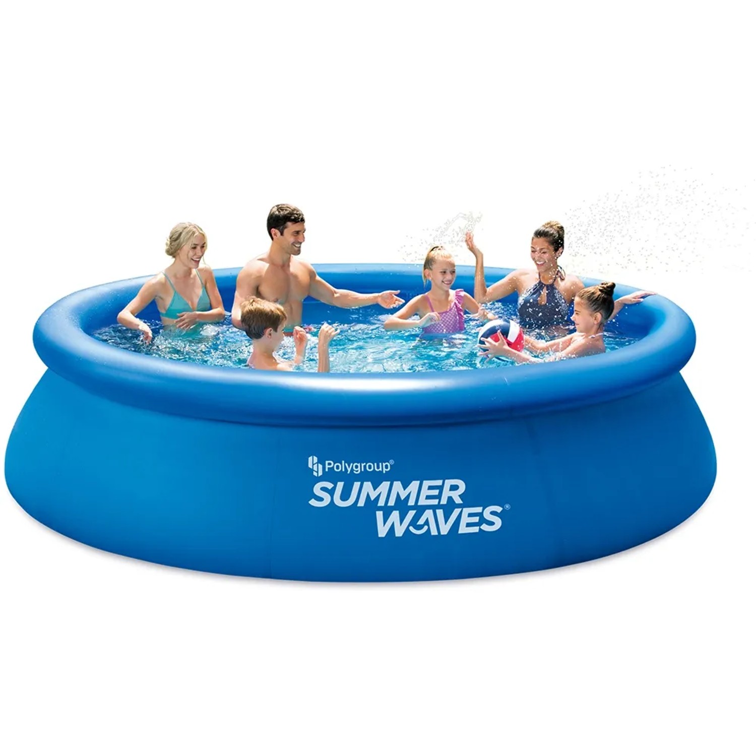 Blauer Summer Waves Quick-Up Pool (366x76cm) mit Familie im Wasser.
