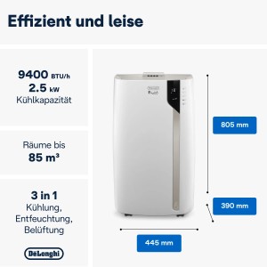 DeLonghi Pinguino Extreme PAC EX93 Klimagerät, mobil, weiß, mit Maßangaben.