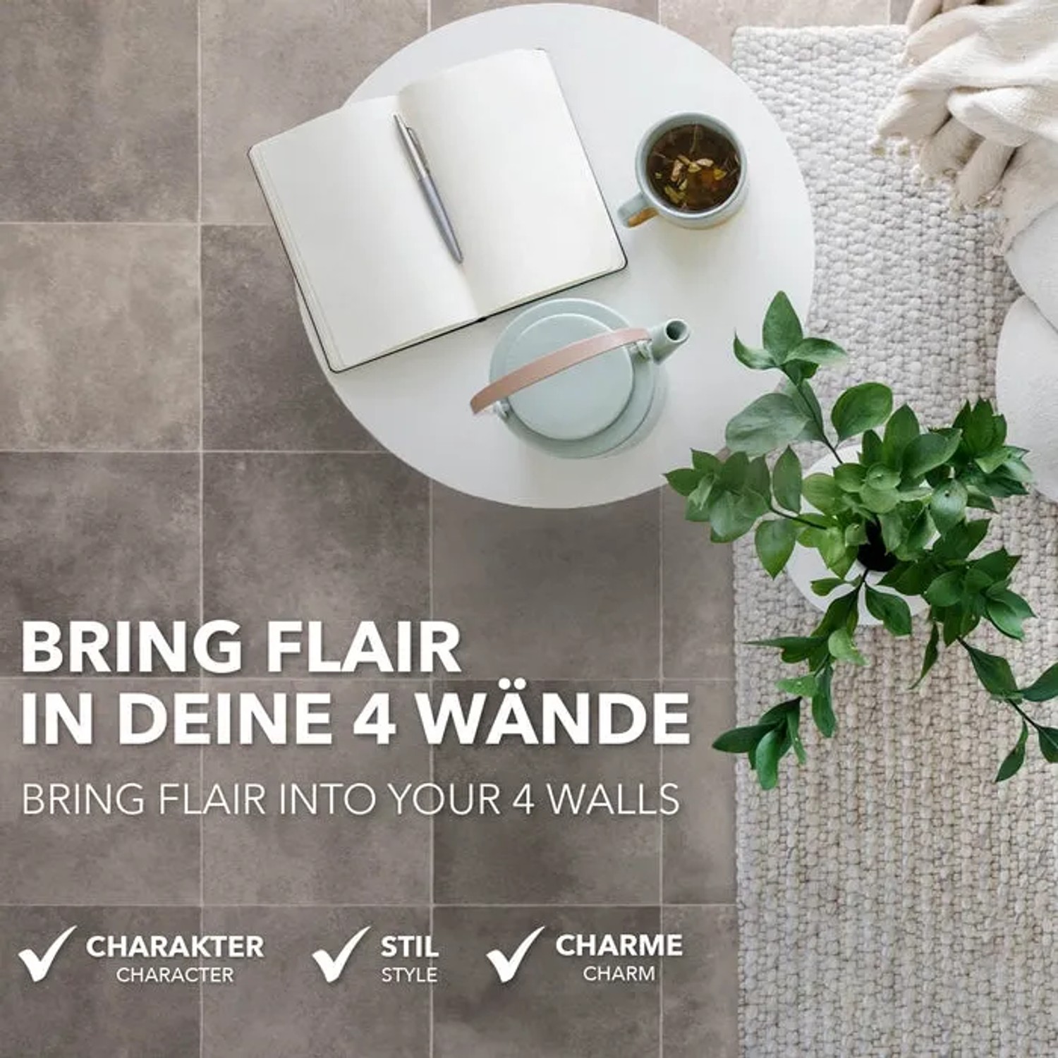 Karat CV Bodenbelag Atlantic Zala in Fliesenoptik, grau. Dekorative Raumgestaltung mit PVC-Boden.