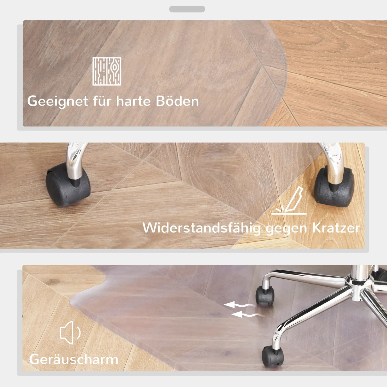 Transparente HOMCOM Bodenschutzmatte unter Bürostuhl auf Holzboden, schützt vor Kratzern.